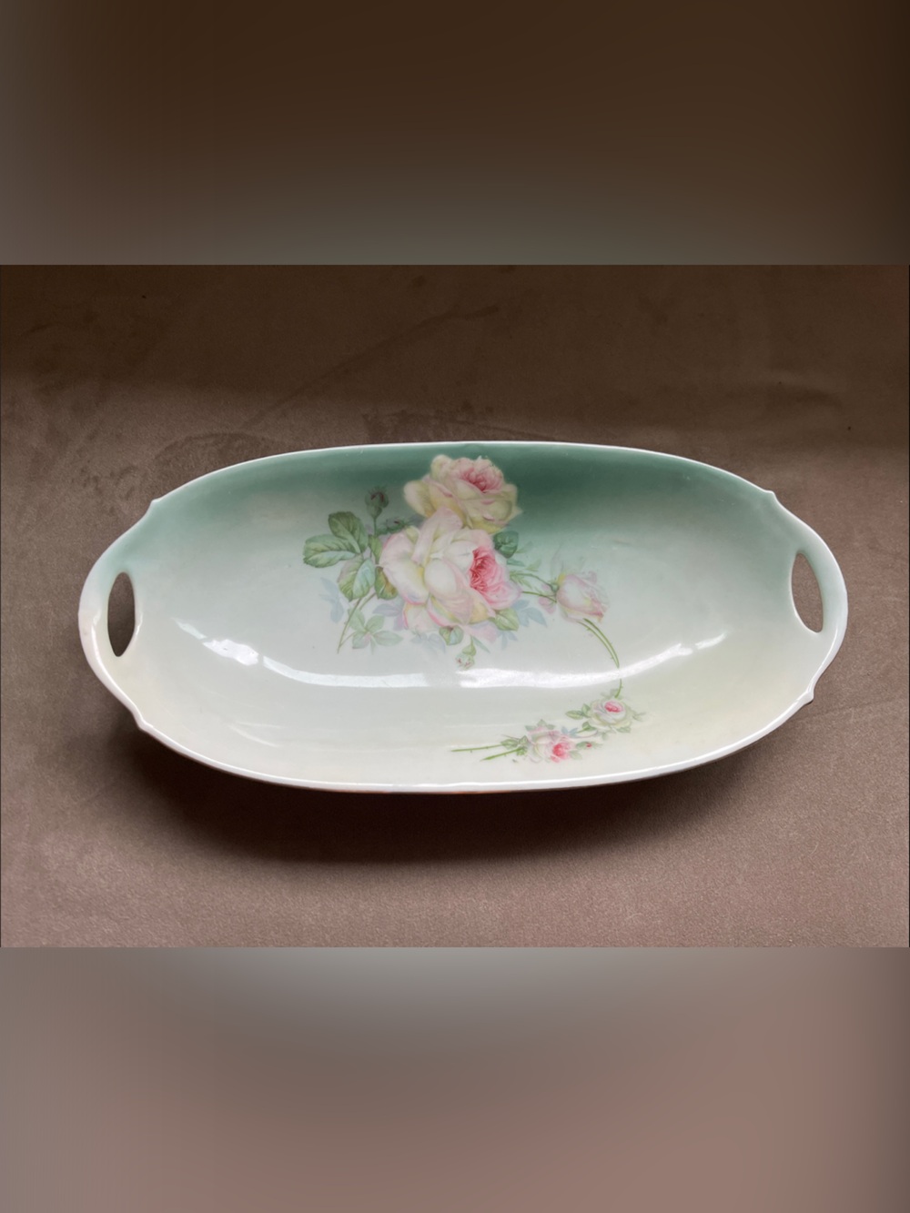 Floral Porcelain Celery Tray in Mint Green with Pink Rose Accents